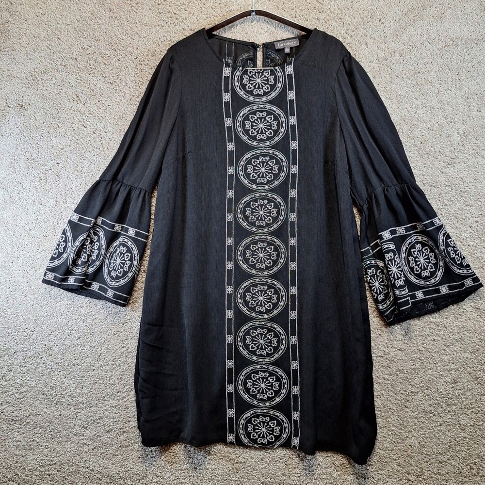 Luxology Dress Women L Black Shift Bell Sleeve Embroidered Boho Chic